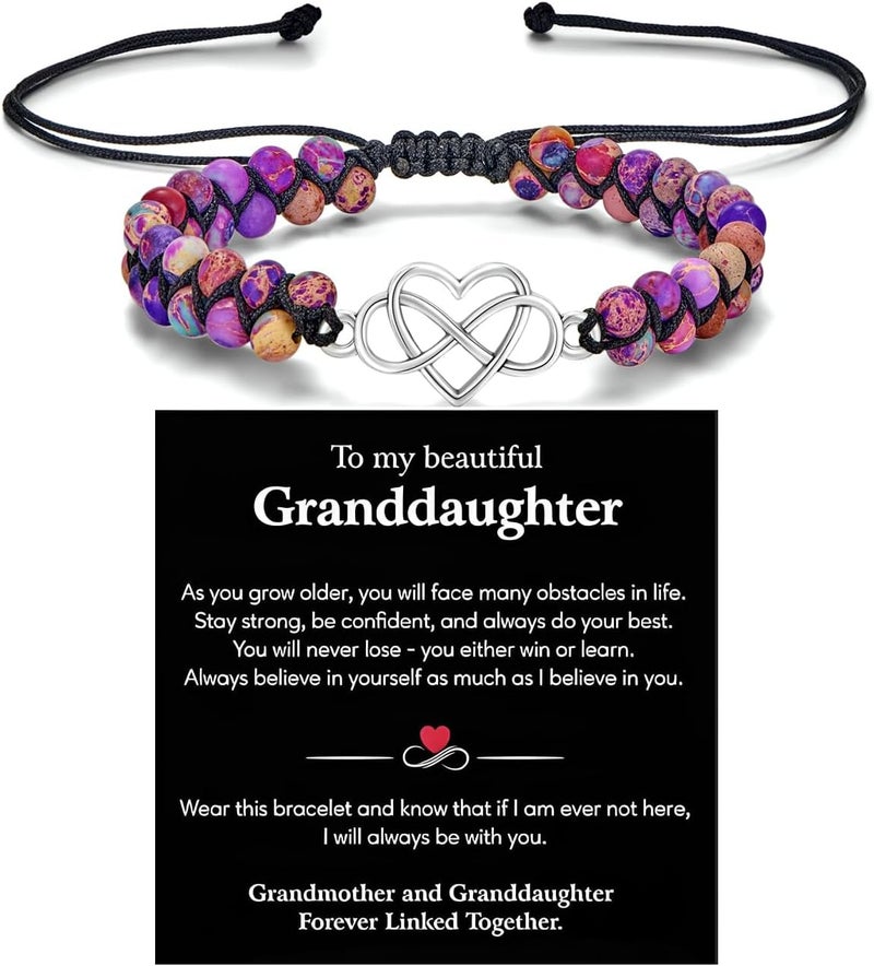 DivaGlamz To My Granddaughter-Infinity Forever Love Heart Bracelet, Natural Emperor Stone Double Layer Purple Beaded Woven Wrap Bracelets Adjustable Mind Peace Gift Jewelry - Image 1